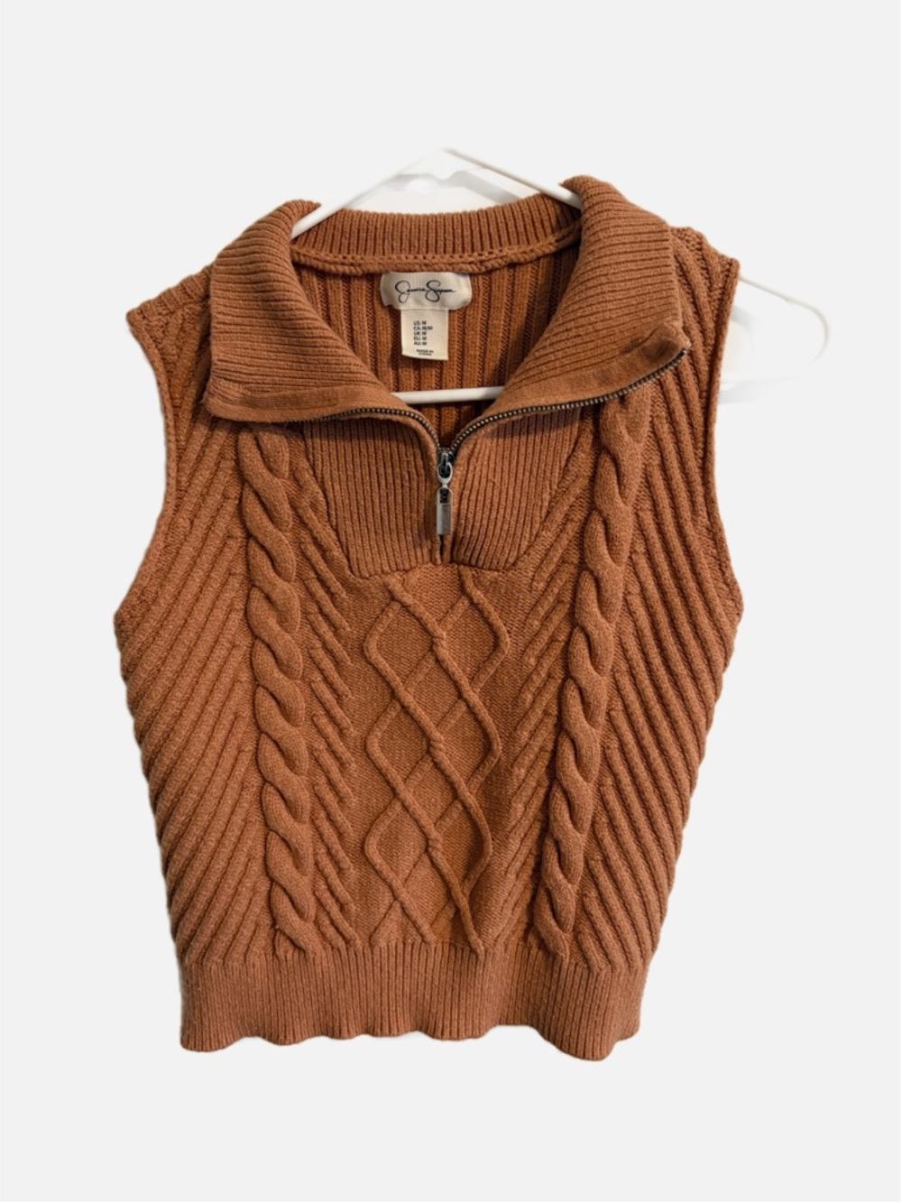 Jessica Simpson Brown Ribbed Knit Sleeveless Collared Quarter Zip